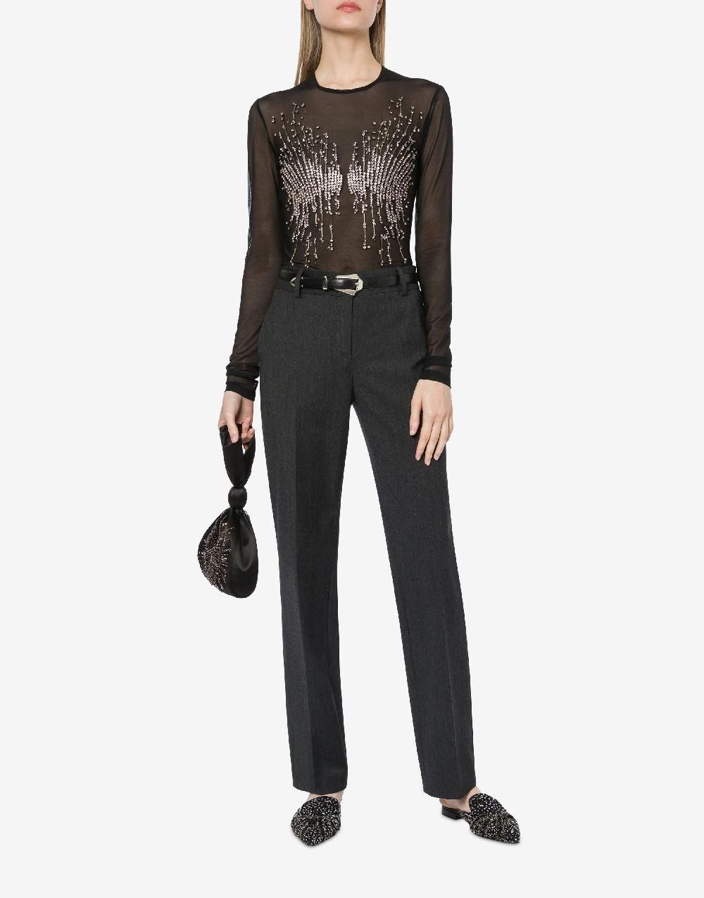 Alberta Ferretti T-shirt in tulle stretch con strass e perline Nuova