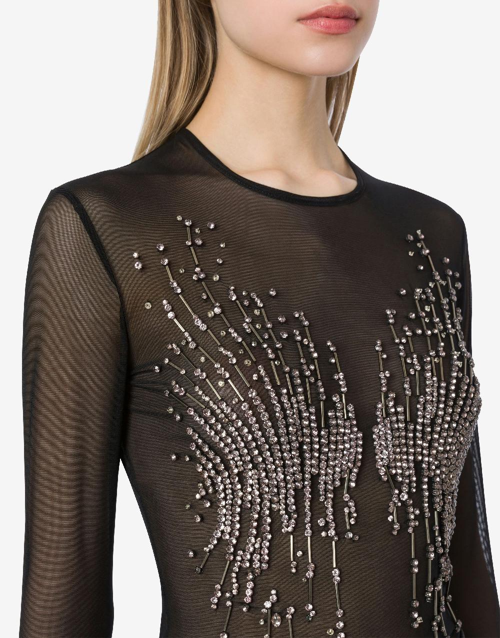 Alberta Ferretti T-shirt in tulle stretch con strass e perline Nuova