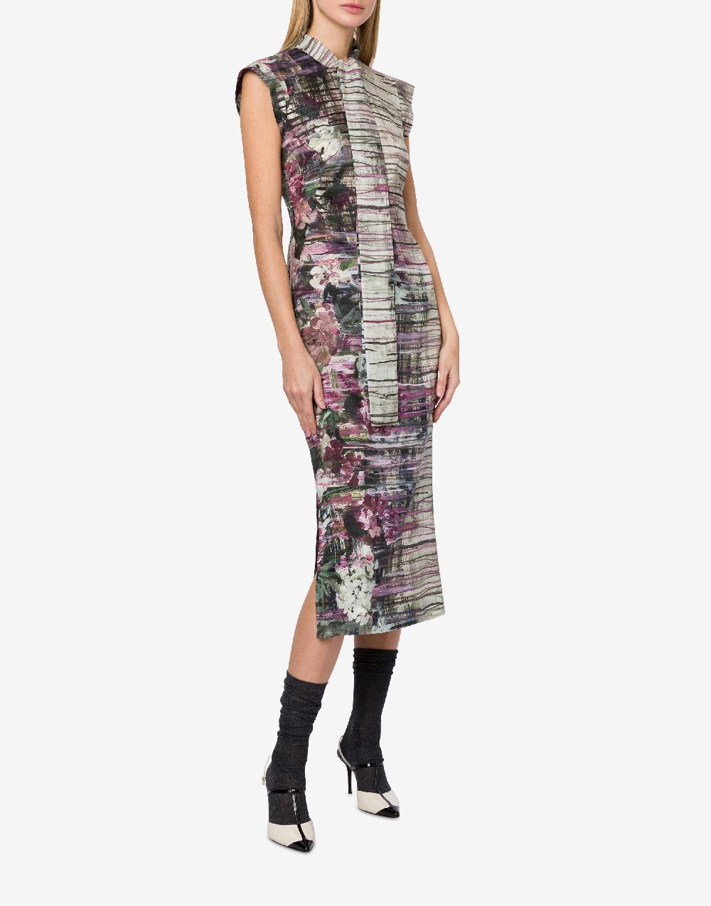 Alberta Ferretti Abito longuette in habotai con stampa Dripping Roses Nuova