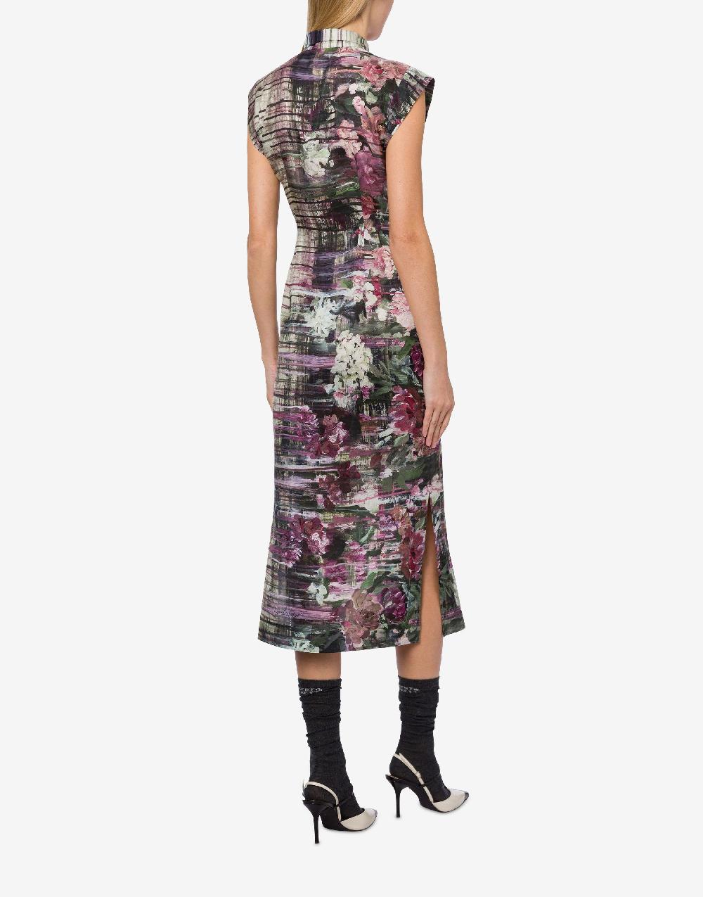 Alberta Ferretti Abito longuette in habotai con stampa Dripping Roses Nuova