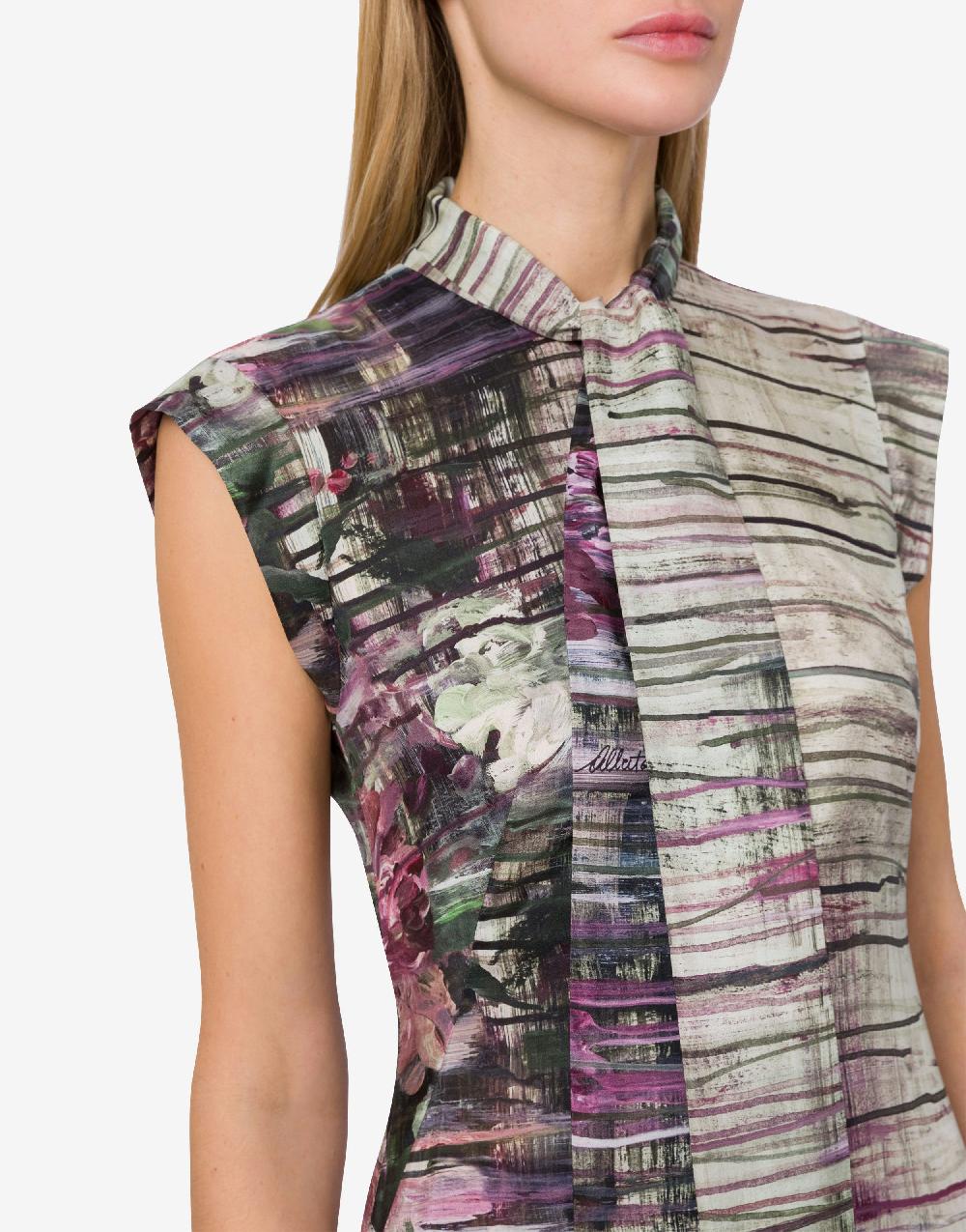 Alberta Ferretti Abito longuette in habotai con stampa Dripping Roses Nuova