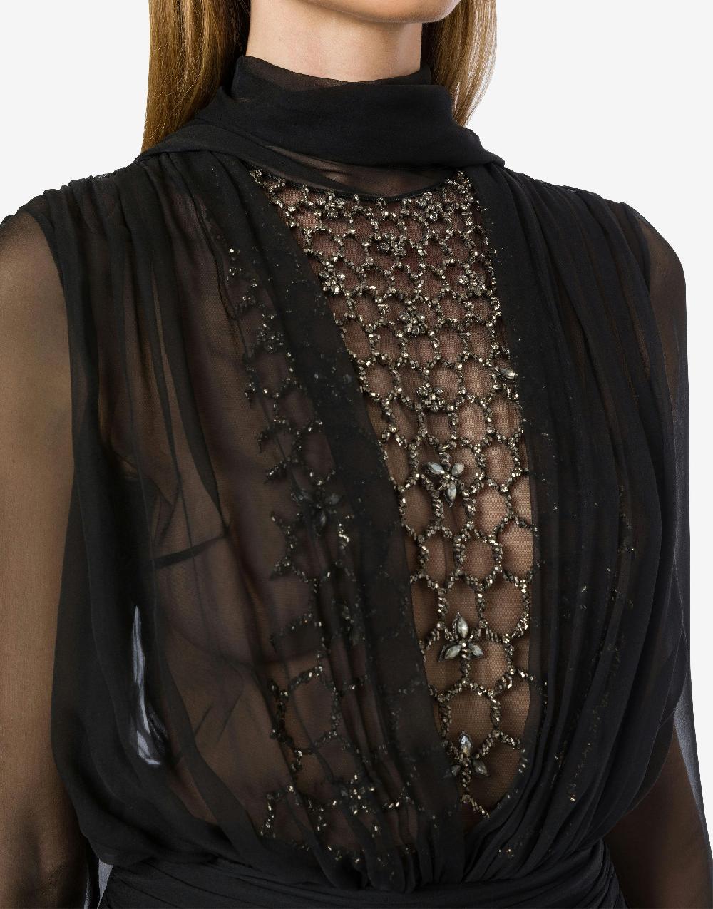 Alberta Ferretti Blusa in chiffon organico con sciarpina e ricamo Vendita