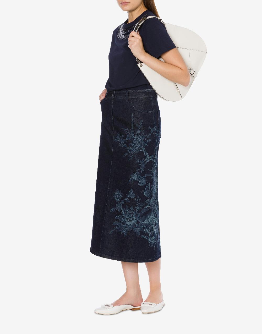Alberta Ferretti Gonna in denim con disegno ciliegio e farfalle Novità
