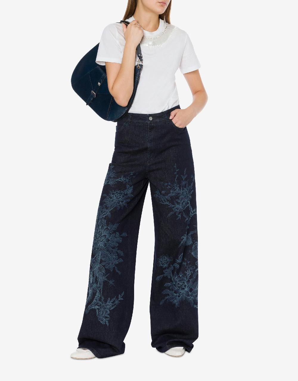 Alberta Ferretti Pantalone in denim con disegno ciliegio e farfalle Presa