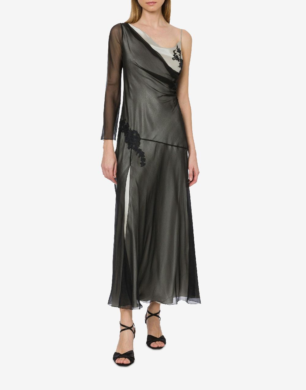 Alberta Ferretti Abito lungo in raso e chiffon con pizzo Saldi Di Fabbrica