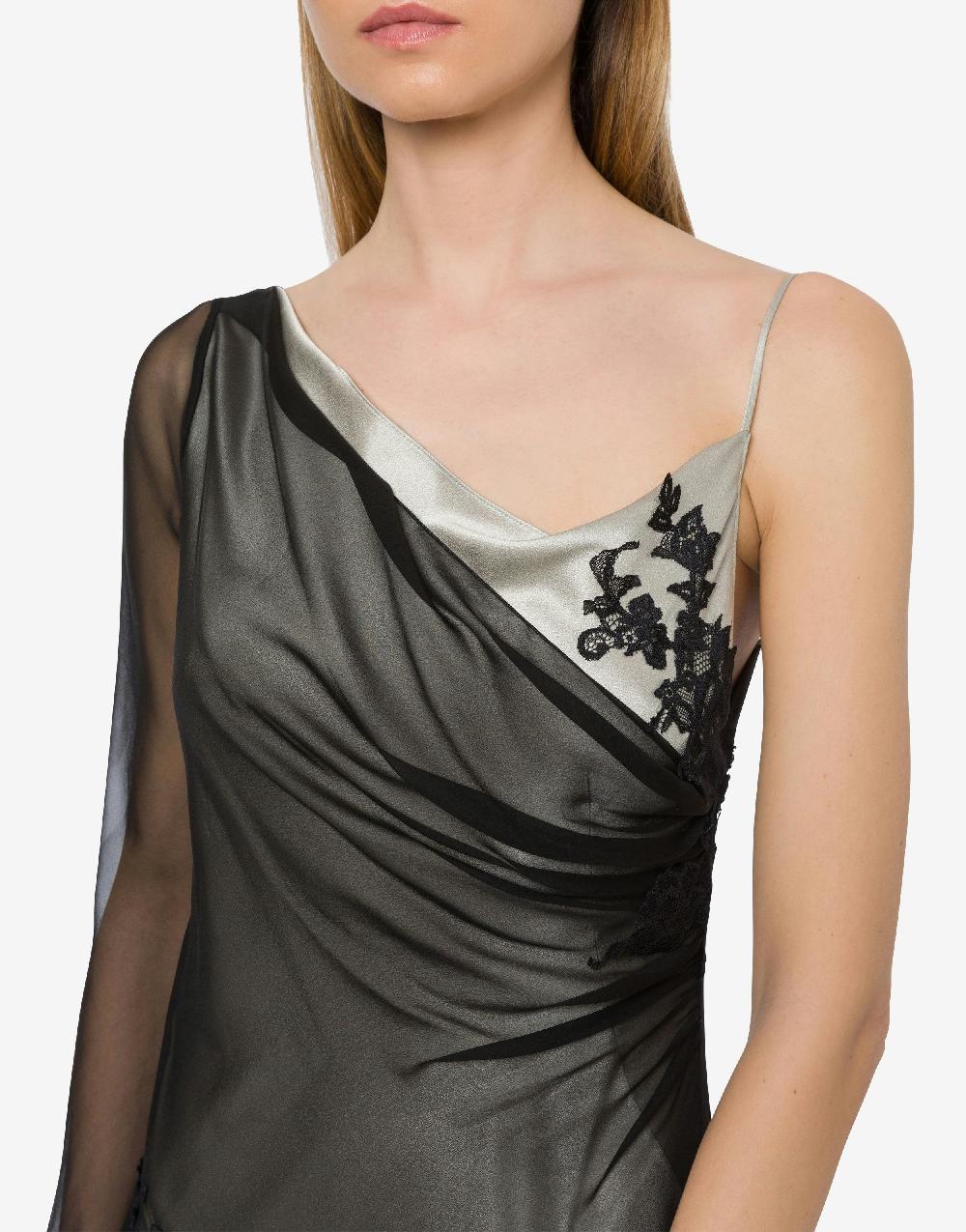 Alberta Ferretti Abito lungo in raso e chiffon con pizzo Saldi Di Fabbrica